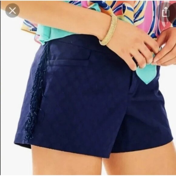 Lilly‎ Pulitzer Ellie Blue Print Fringed Tassel Shorts Sz 0 Festival Boho Preppy - Picture 1 of 12